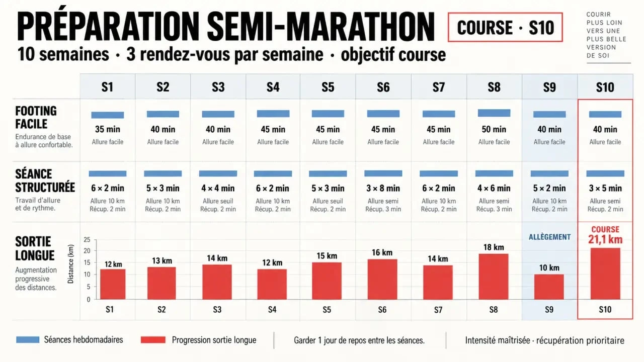 Prépa semi marathon : frise visuelle des 8 à 12 semaines d’entraînement