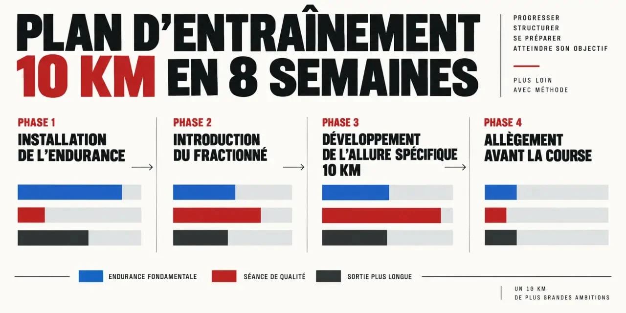 Infographie d’un plan d’entraînement 10 km sur 8 semaines avec progression des séances