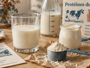 Lait et proteine : verre de lait et whey, 32 g par litre