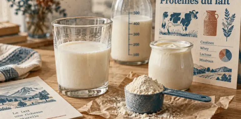 Lait et proteine : verre de lait et whey, 32 g par litre