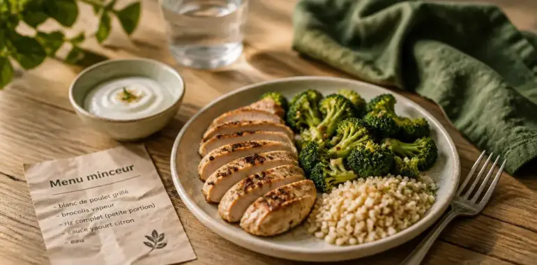 Menu minceur : assiette équilibrée protéines légumes féculents