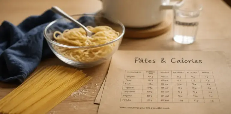 Pate cuite calorie : portion idéale de pâtes sur table