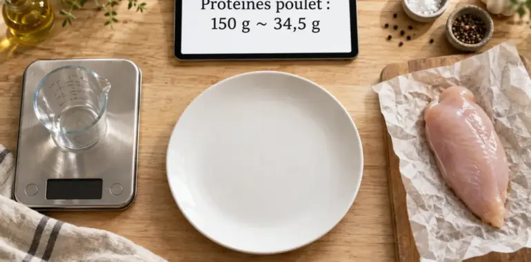 Protéine poulet : blanc cru 23 g/100 g