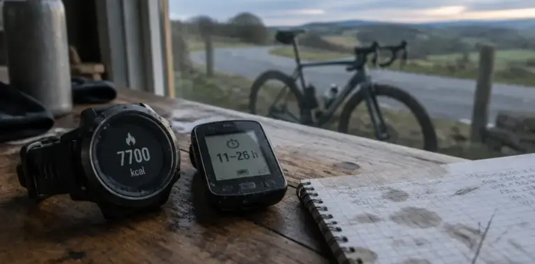 Combien de temps de vélo pour perdre 1kg : montre et compteur indiquent 11–26 h, 7700 kcal
