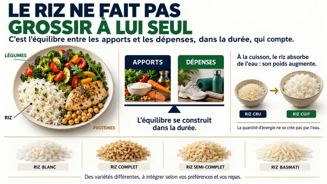 Infographie expliquant est-ce que le riz fait grossir, avec portion de riz, assiette équilibrée et différence entre riz cru et riz cuit