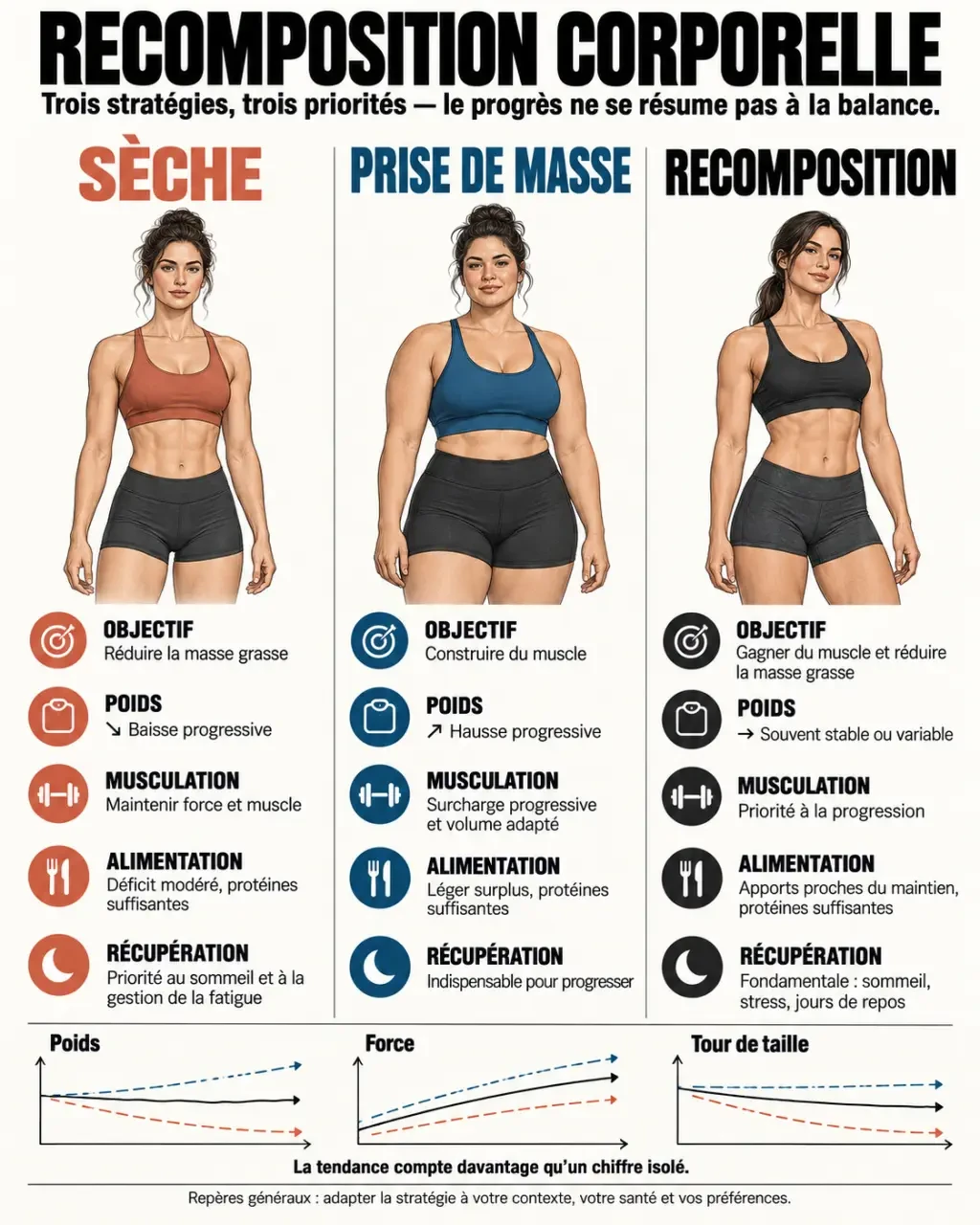 Infographie skinny fat femme : différence entre sèche, prise de masse et recomposition corporelle