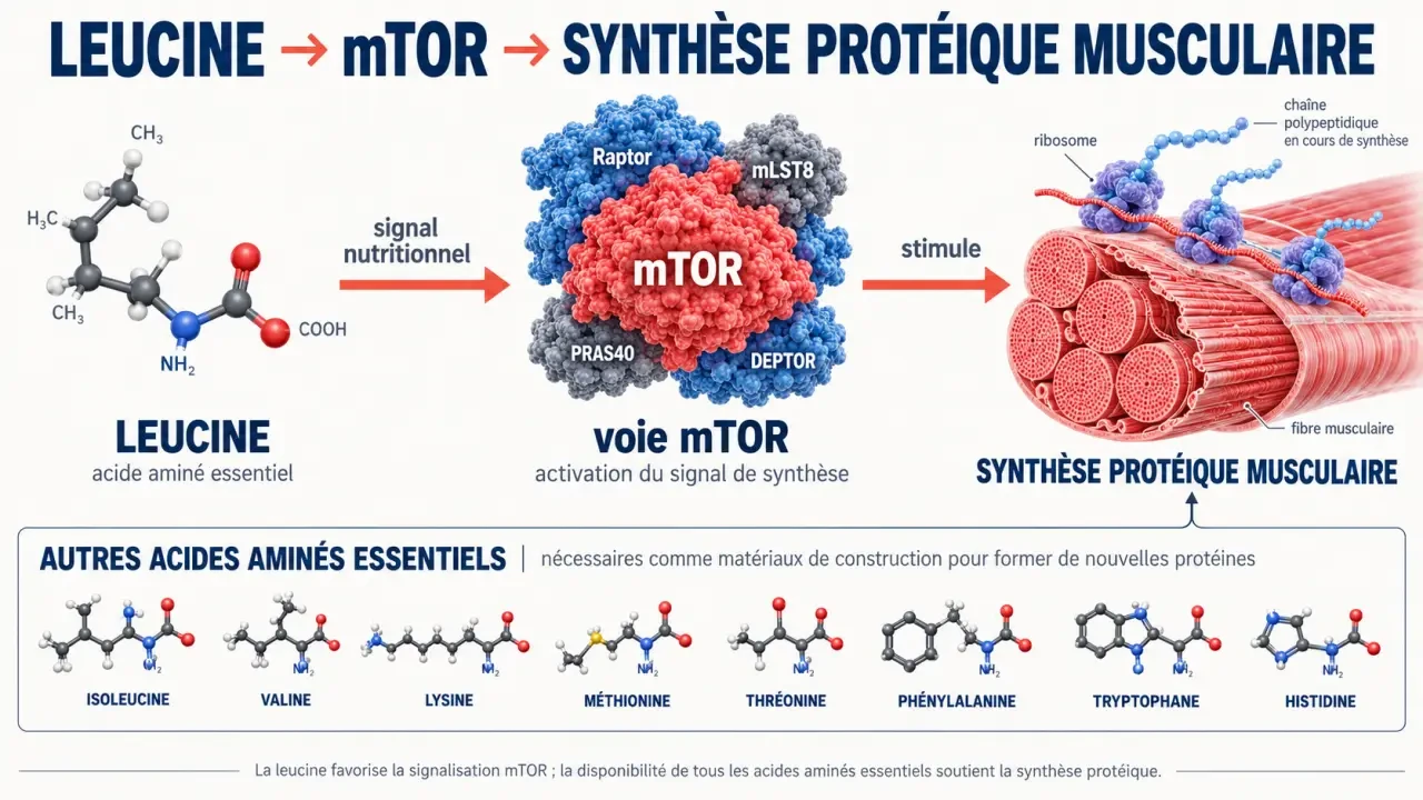 BCAA avantages musculaires : schéma du rôle de la leucine et de la voie mTOR dans la synthèse protéique