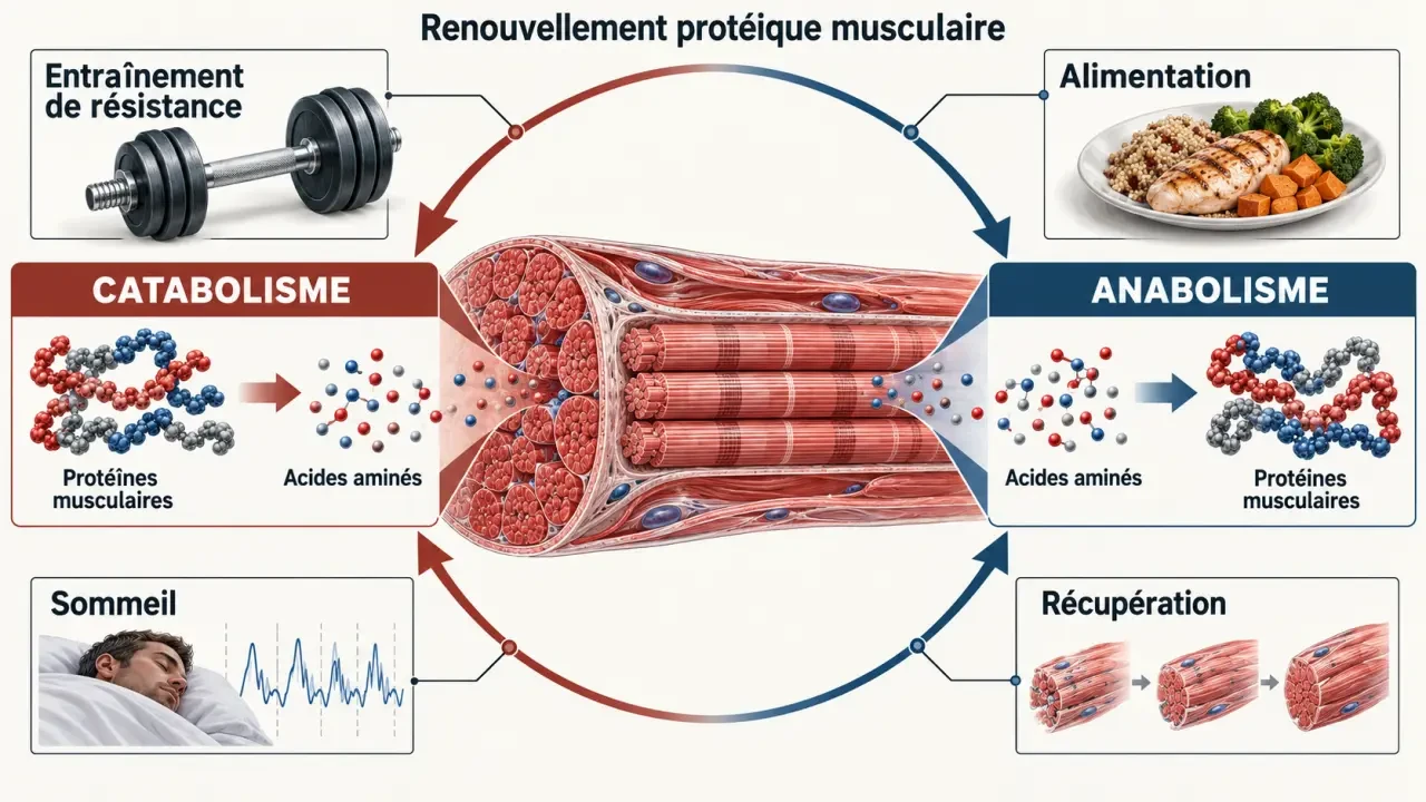 Schéma explicatif du catabolisme musculaire et de l’anabolisme dans le muscle