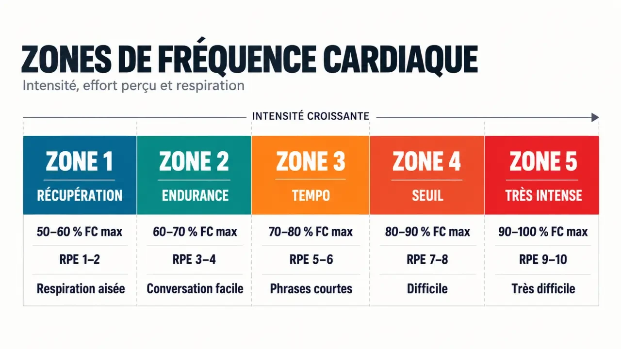 Infographie du calculateur de zone de fréquence cardiaque présentant les cinq zones d’intensité