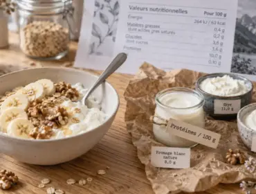 Fromage blanc proteine : bol avec flocons d’avoine, banane et noix