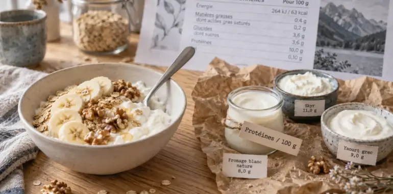Fromage blanc proteine : bol avec flocons d’avoine, banane et noix