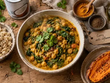Photo menu anti inflammatoire : curry pois chiches et épinards