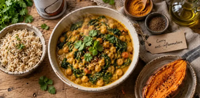 Photo menu anti inflammatoire : curry pois chiches et épinards