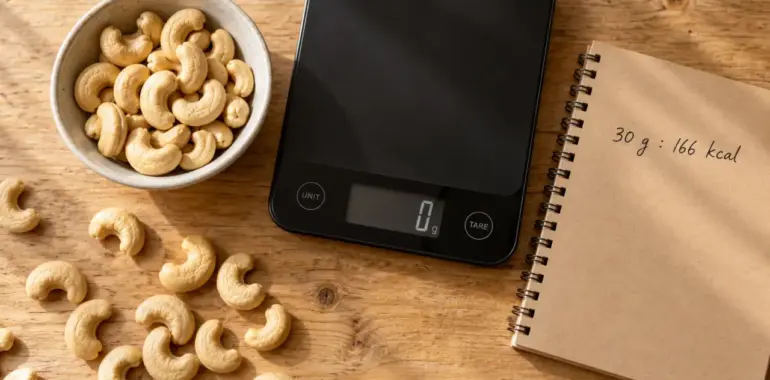 Noix de cajou calories : portion 30 g, 166 kcal