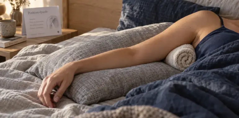 Position pour soulager tendinite épaule : bras calé sur l’oreiller pour dormir