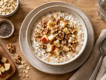 Quoi manger pour le petit déjeuner : bol d’avoine au yaourt, chia et pomme