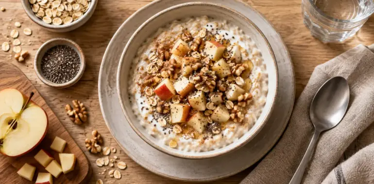 Quoi manger pour le petit déjeuner : bol d’avoine au yaourt, chia et pomme
