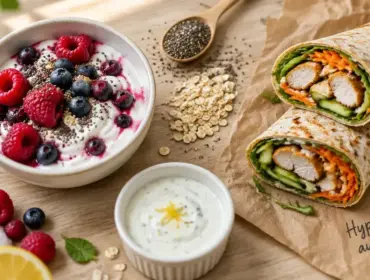 Recette hyperprotéinée : skyr fruits rouges, wrap poulet et graines de chia