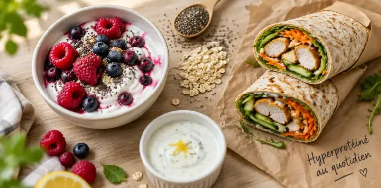 Recette hyperprotéinée : skyr fruits rouges, wrap poulet et graines de chia
